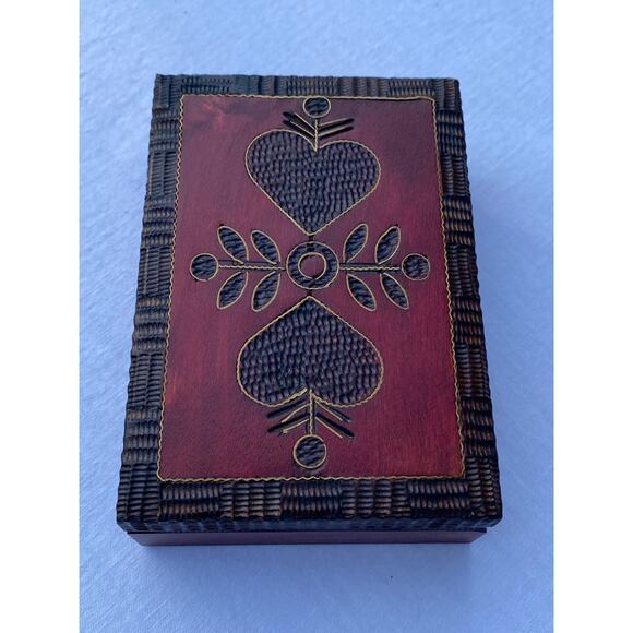 Handmade Polish Folk Art Wooden Trinket Box 3.5 x 5 in. Red Brown Heart Leaf EUC - Picture 13 of 14